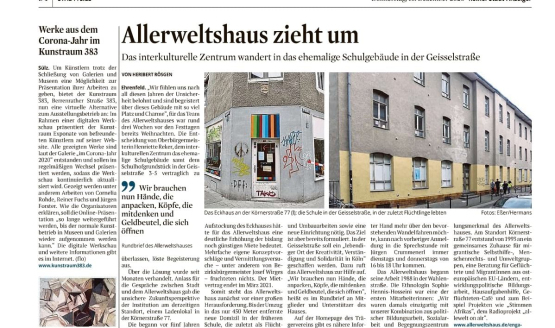 Aktueller Artikel zum Allerweltshaus <br> im Kölner Stadtanzeiger vom 10.12.2020